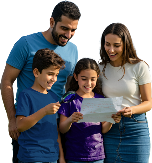 משפחה מחייכת מבוגרים וילדים מסתכלים יחד על מפה או משימה, הילדים מחזיקים זכוכית מגדלת ולומדים בצורה חווייתית